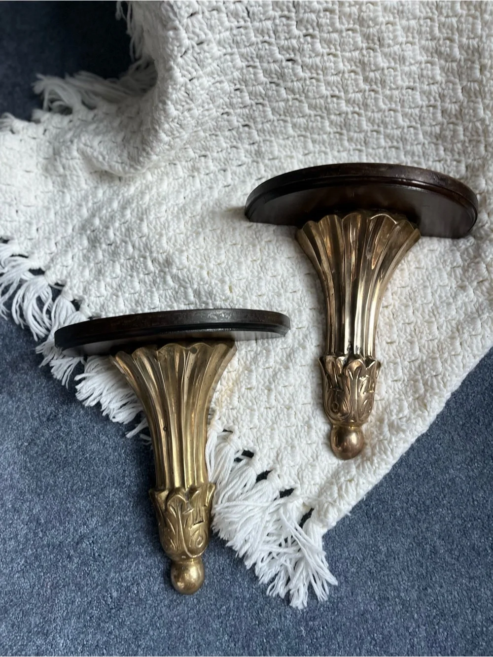 Ornate Vintage Brass and Dark Wood Wall Shelf Brackets - Pair